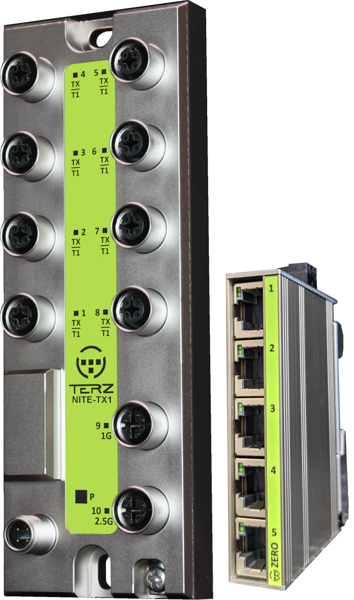 TERZ Industrial Ethernet Switches — M12 und RJ45 Baureihen nebeneinander